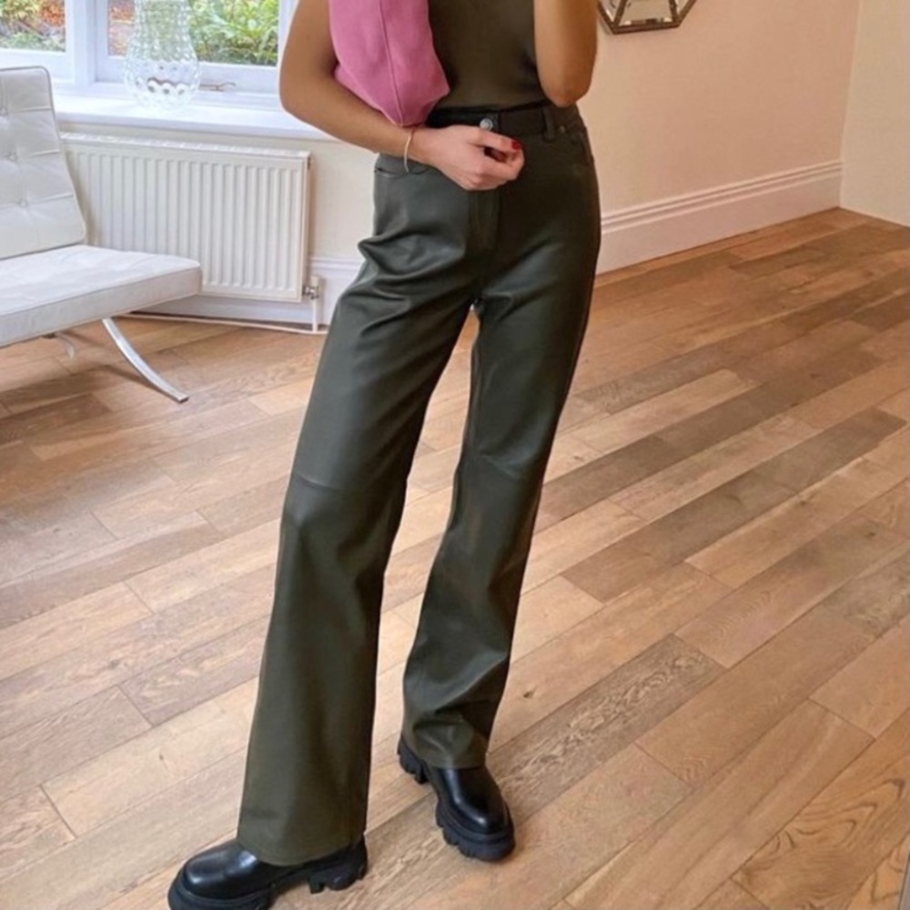 Zara limited edition leather straight leg pants olive green